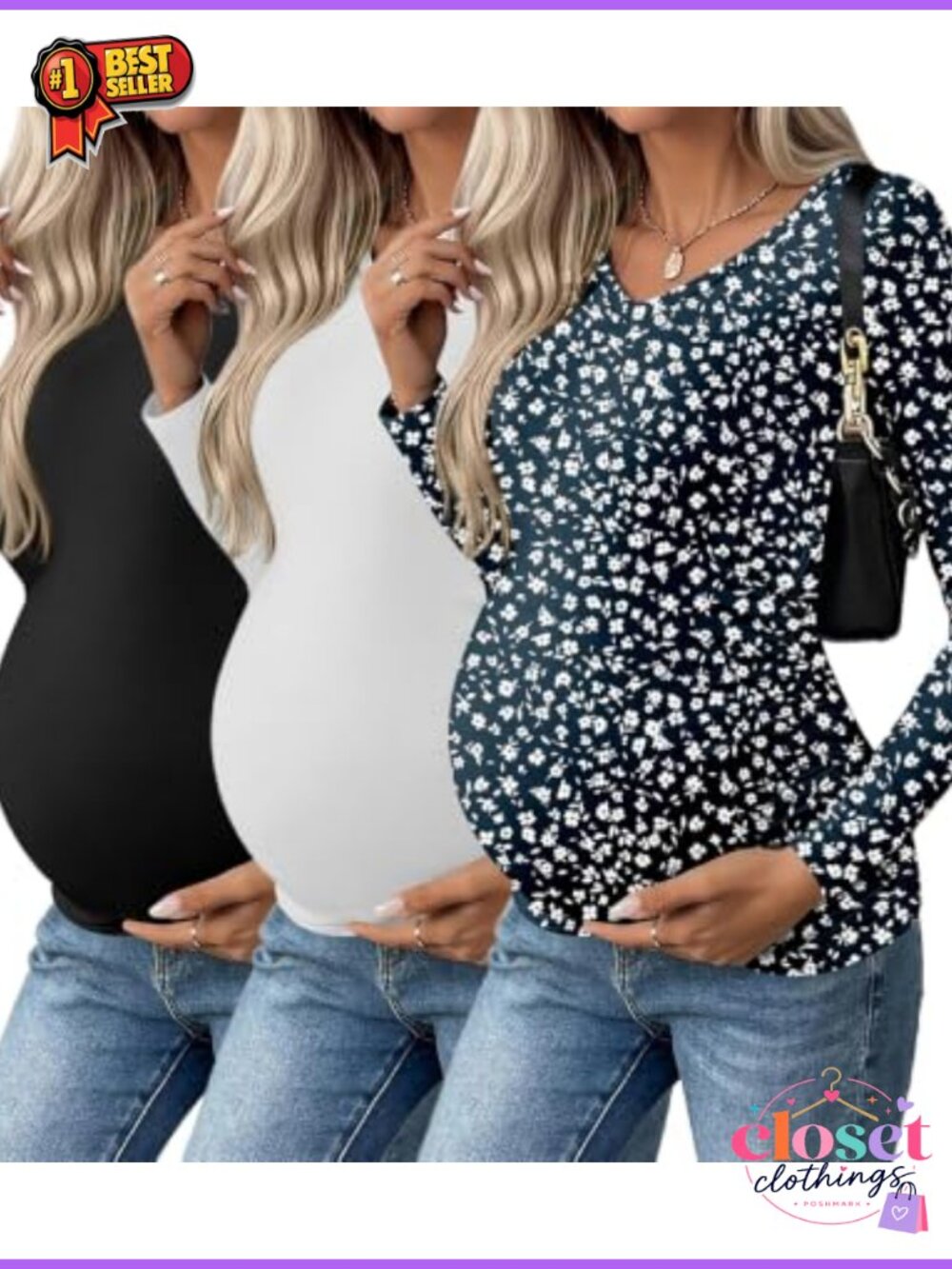 Maternity Long Sleeve V-Neck Ruched Pregnancy Tops 3 Pack